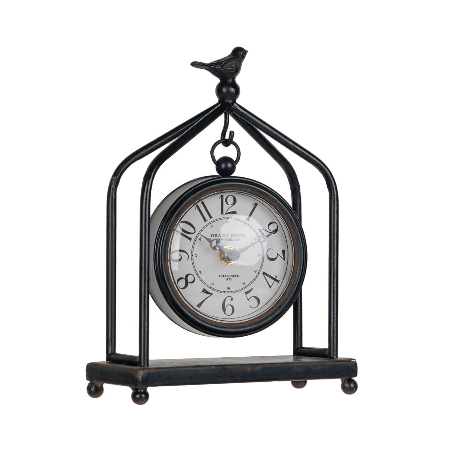 SOFFEE DESIGN 7.5'' x 10'' Mantel Clock Iron Tower Frame, Creative Bird Ornament Tabletop Clock, Silent Clock with Hollow Carved Back Cover for Home Decor, Black