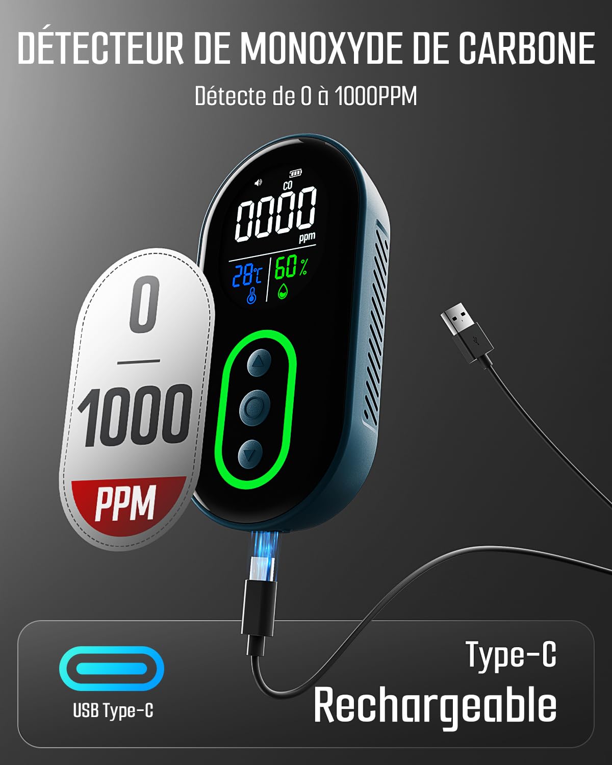 GasDoc DS-399 Détecteur de Monoxyde de Carbone, Détecteur CO Portable 3-en-1 Rechargeable avec Alertes Sonores Visuelles pour Voyage, Détecteur de CO pour la Maison, la Voiture la Tente - Bleu Foncé
