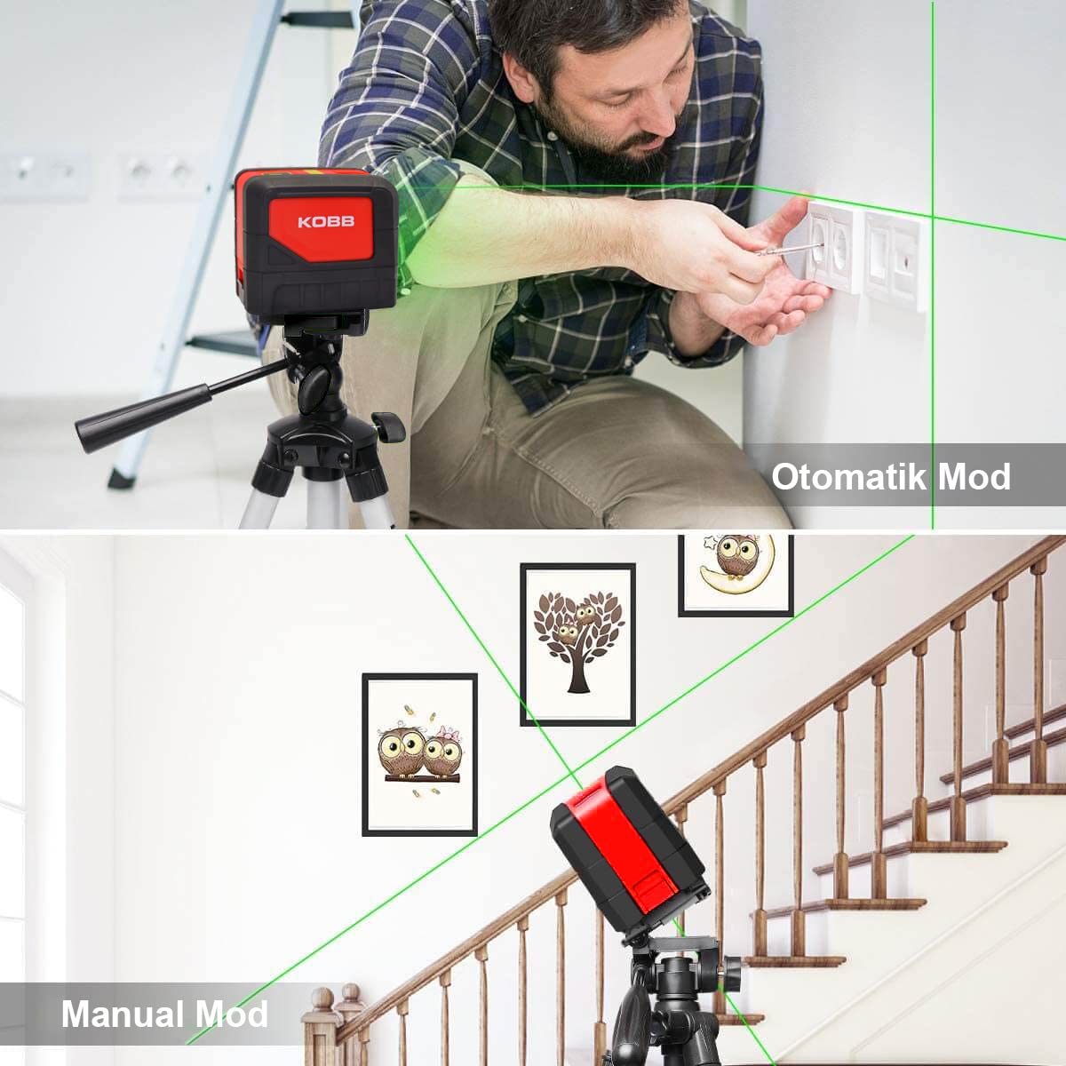 KOBB KBL92G 30 Metre Profesyonel Yatay ve Dikey Otomatik Hizalamalı Yeşil Çapraz Çizgi Lazer, 2 Noktalı Şakül Lazer Distomat + Mini Tripod, Kırmızı/Siyah