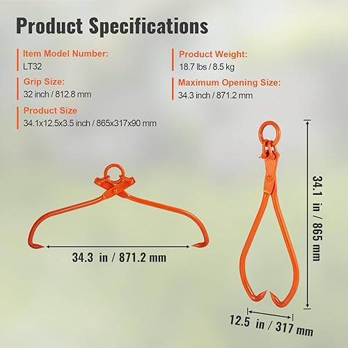 Miniatura 7 de VEVOR Pinzas de deslizamiento de troncos, Pinzas de elevación de troncos de 32 pulgadas de 2 garras, pinzas de deslizamiento de madera de acero