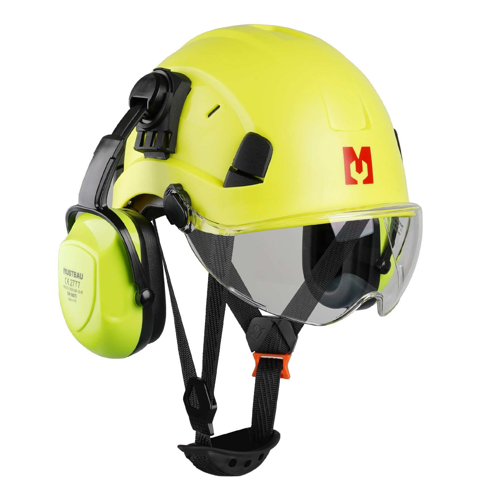 Mustbau Construction Hard Hats Ventilated Safety Helmet with Clear Visor,Hearing Protection,Earmuffs and Chin Strap,53 to 63 cm Adjustable Hard Hat for Forestry, Chainsaw, Industrial