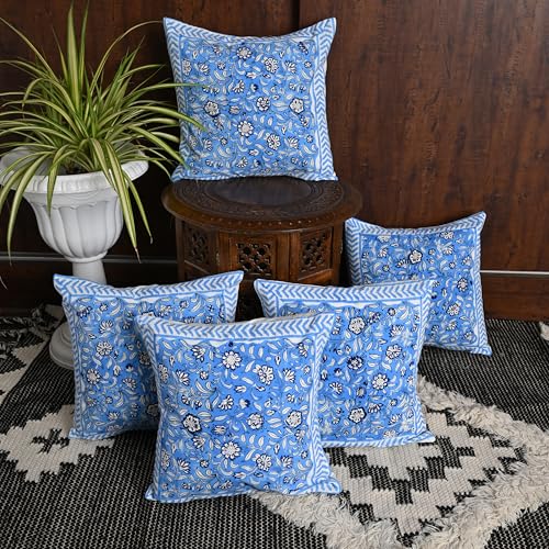Image of Cotton Cushion Covers 16x16 Inch - Hand Block Floral Print Pillow Covers for Sofa, Couch & Bedroom (Pack of 5) (Blue)