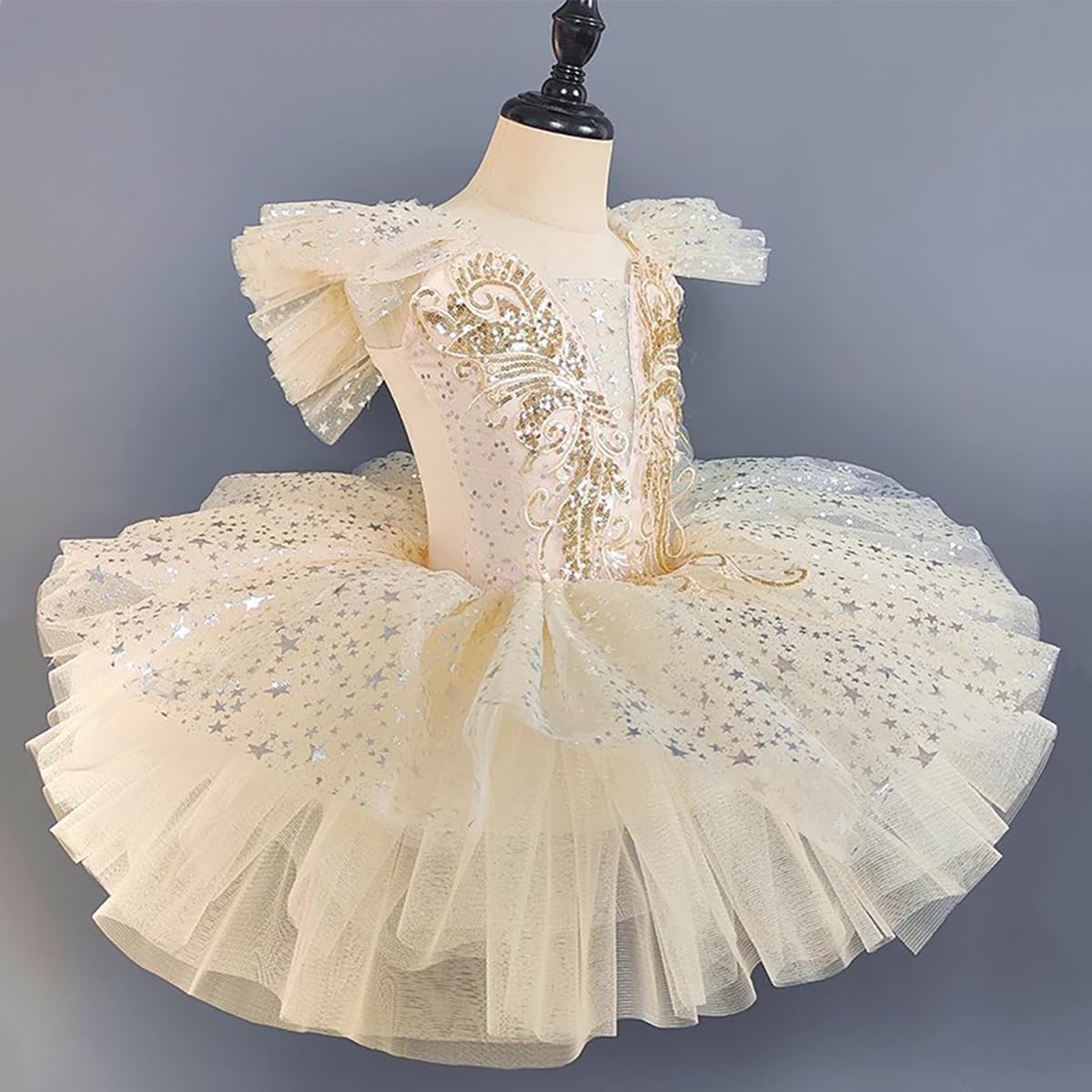 Dziecięcy trykot baletowy tutu, spódniczka z cekinami, łabędź, sukienka księżniczki, strój do tańca, 130 cm, beżowy