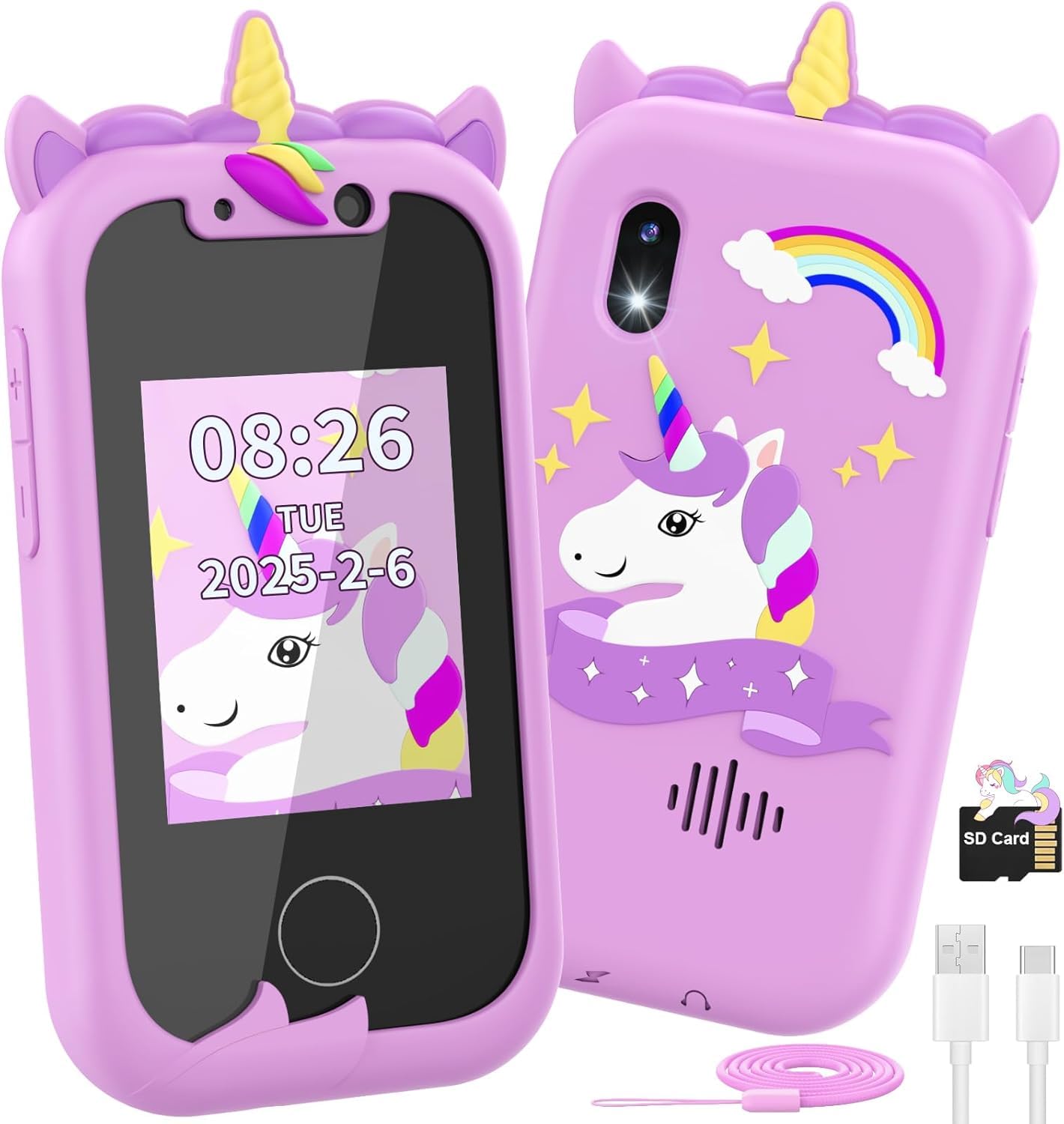 Telephone Portable pour Enfants, Ashfly Smartphone Portable 2 3 4 5 6 7 8 9 10 11 12 Ans,Téléphone Licornes, Smartphone avec Musique Podomètre Alarme Caméra, Cadeau de Noël pour Enfant