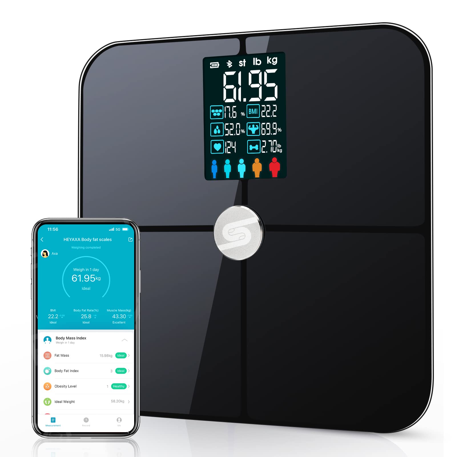 Smart Scale for Body Weight, Digiatl Weight Scale with Large LCD Display, 17 Body Composition Analyzer Sync to APP, Bathroom Body Fat Scale for BMI, BMR, Heart Rate, 400lb,Black.