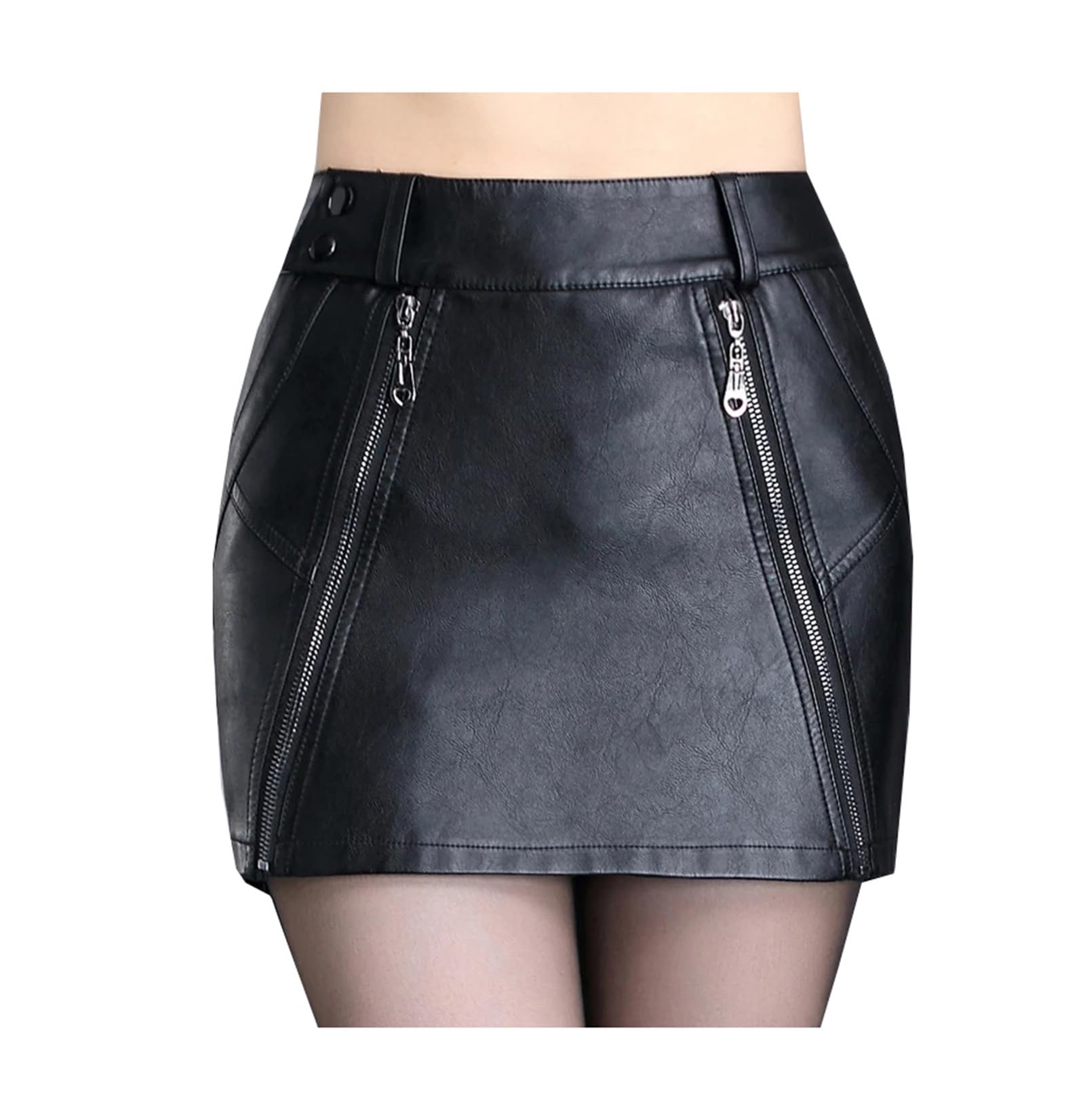 Falda de Cuero sintética Sexy para Mujer Minifalda Corta de Cintura Alta con Forma de Cadera Falda Corta con Cremallera para Fiesta y Club,Negro-Medio