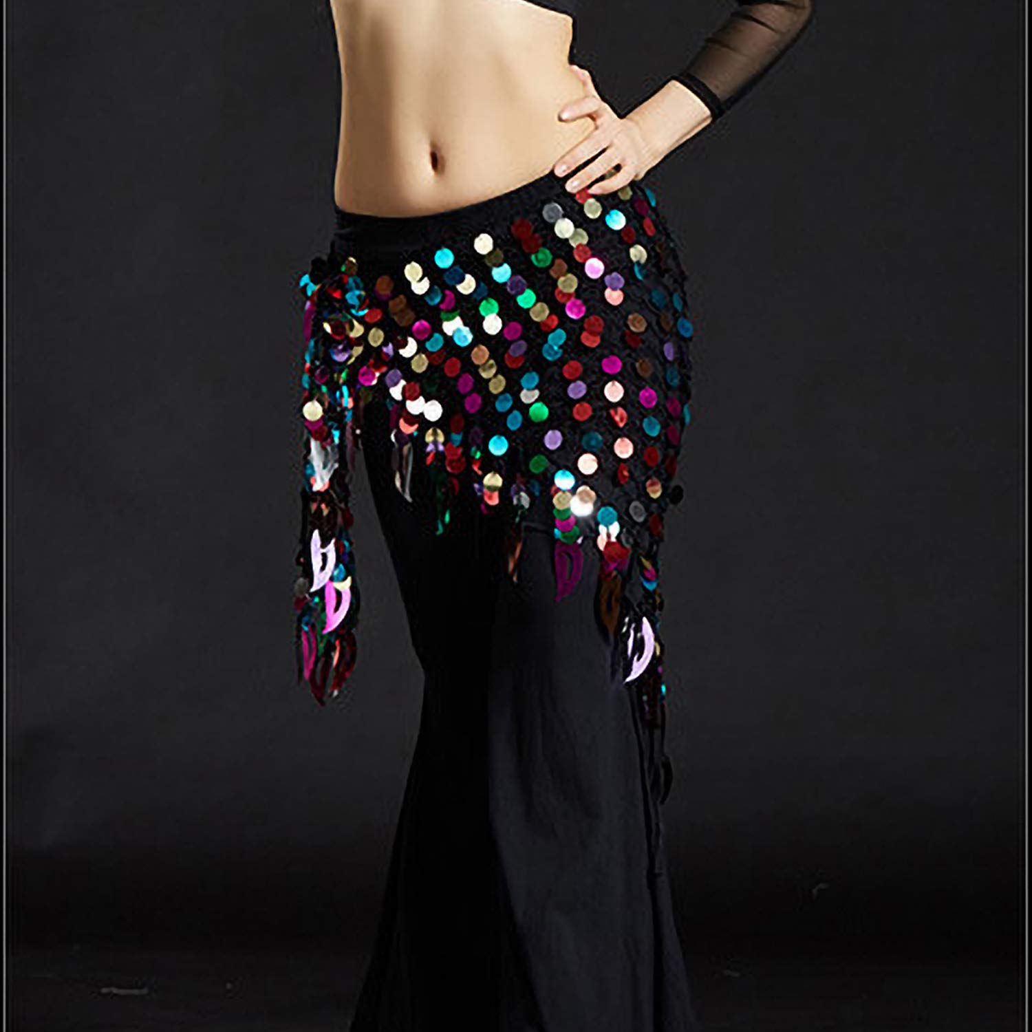 VRITRAZ Women's Chiffon Belly Dance Hip Scarf Waistband Belt Skirt Mixed Colors Sequence Beads and Coins Multicolor 3