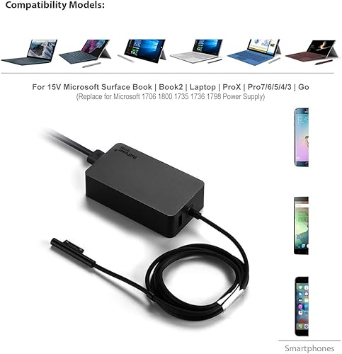 Miniatura 2 de BatPower Cargador de superficie de 15 V 4A de 65 W compatible con Microsoft Surface Book Laptop Surface Pro X 7 6 5 4 3 Go Tablet 1706 Fuente de