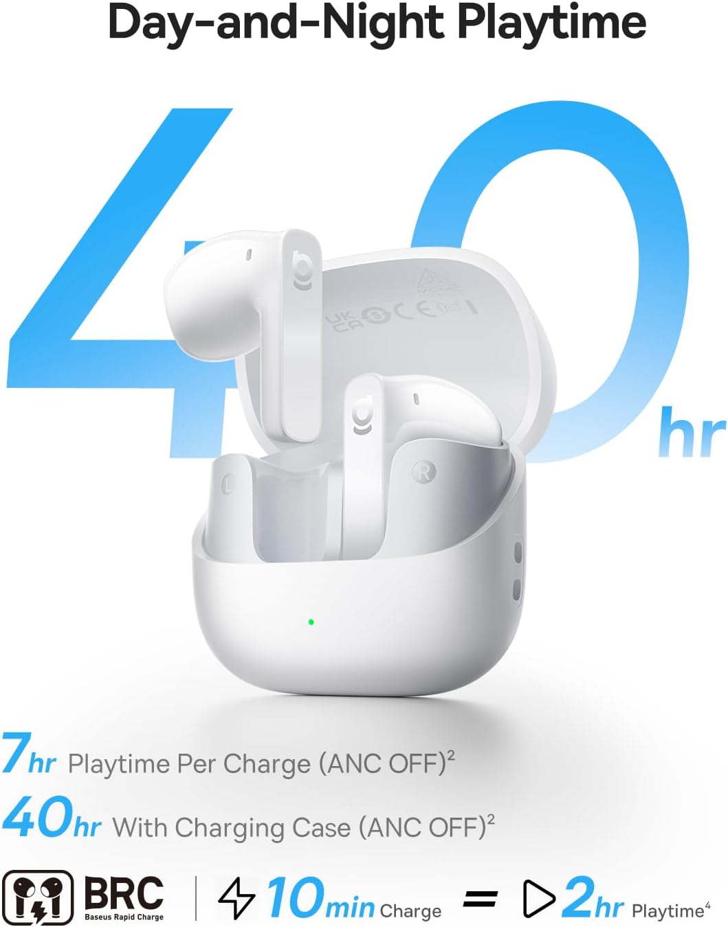 Diagram of the Baseus Bass BS1 NC earbud's 6-mic AI clear call system, showing FF-Mic, FB-Mic, and Talk-Mic, along with G-net conversation models and wind-noise blocking design.