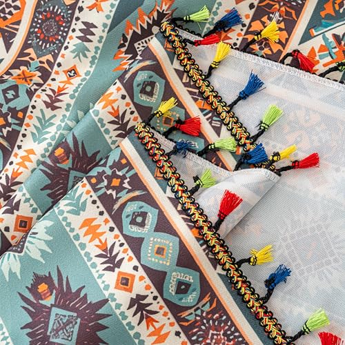 Image of Teal Orange Geometric Curtains 63 Inches Long, Boho Farmhouse Light Filtering Rod Pocket Drapes with Tassel Trim for Bedroom Living Room, 2 Panels