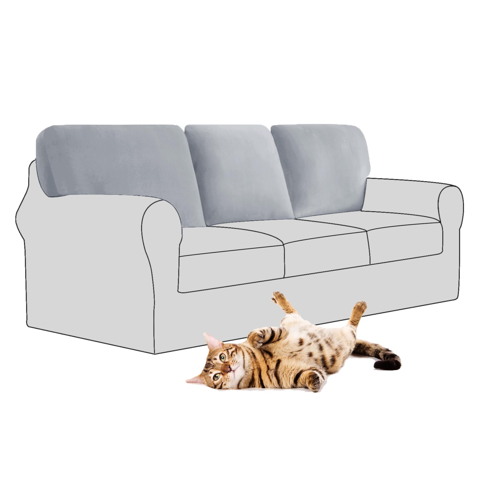 SYLC Stretch Velvet Sofa Backrest Cover, Back Cushion Covers Non-Slip Sofa Cushion Slipcovers for Couch Chesterfield Caravan RV Dinette (Light grey,3 pcs Square M)