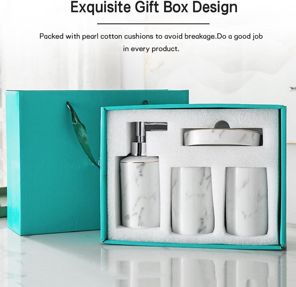 Set di Accessori per Il Bagno Bianco, Accessori per Il Bagno in Ceramica Marmorizzata con Dispenser di Sapone E Portasapone, 4-Piece