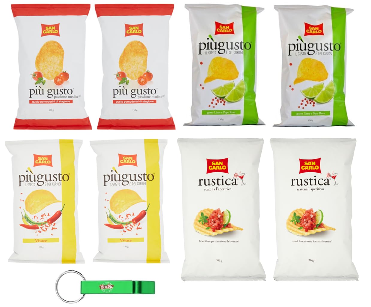 8 paquetes de prueba San Carlo Più Gusto Patatine, pimentón, lima y pimienta rosa, tomates cherry, patatas fritas, 6 x 150 g + bolsa Rustica 2 x 300 g + llavero Beni Culinari