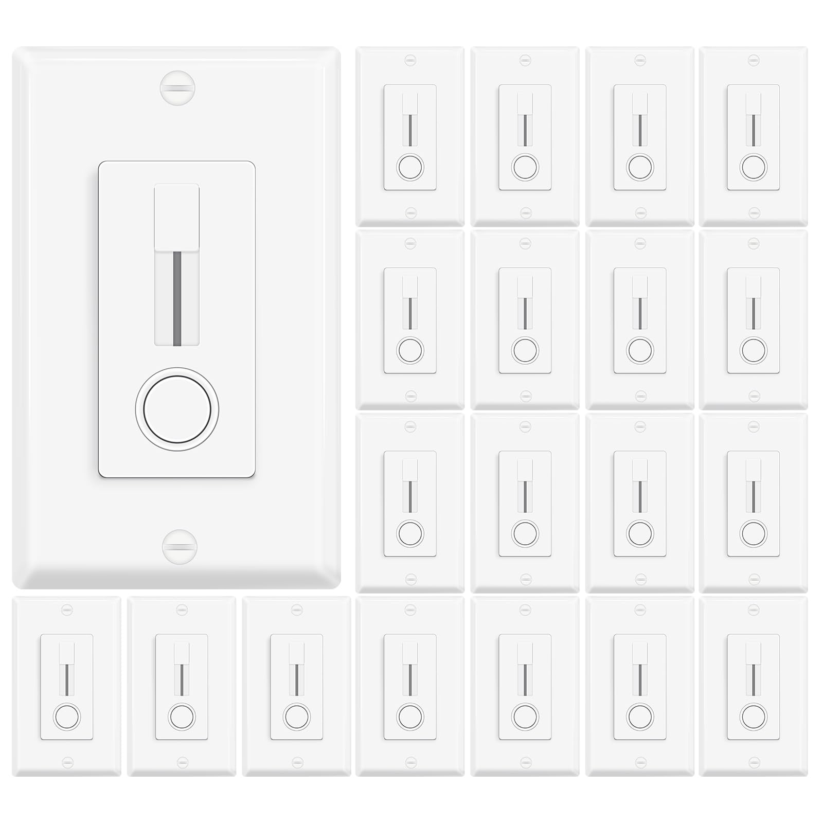 Paquete de 20 interruptores LED de atenuación deslizante, un solo polo, no requiere cable neutro, 150 W máximo LED/CFL 600 W máximo incandescente/halógeno, regulador con certificación ETL, color