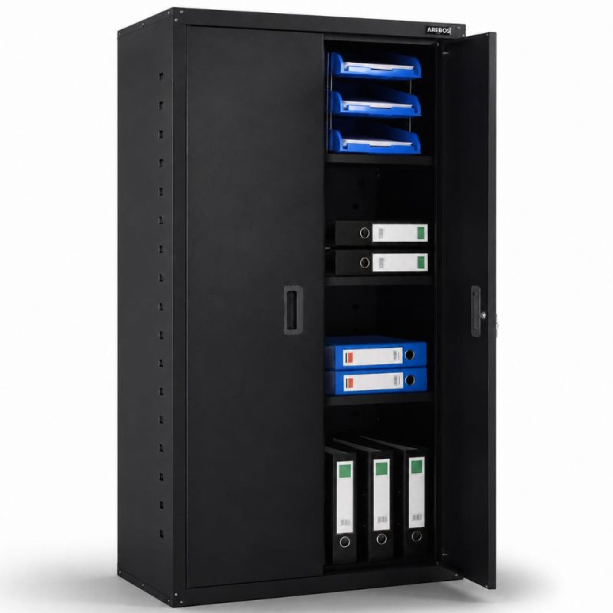 Arebos Aktenschrank | Büroschrank | 140 x 90 x 40 | 2 Türen | mit 3 Höhenverstellbaren Einlegeböden | mit Zylinderschloss | Schwarz