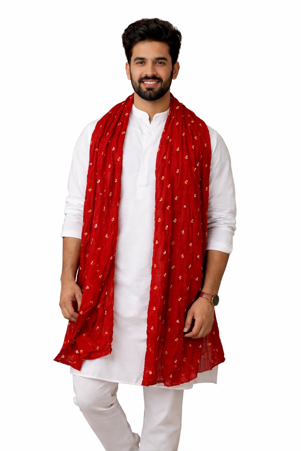 Men’s Red Bandhani Print Dupatta/Stole for Kurta | Lightweight Traditional Wedding Scarf