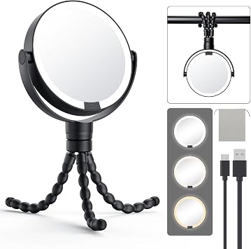 Gospire 5.85 inch Tripod Lighted Makeup Mirror Light and Magnification 1X/10X, 4 in 1 Handheld Hanging Wrap Standing Mirror, 3 Colors and Adjustment Light Round Travel Mirror - Black