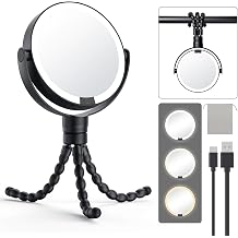 Gospire 5.85 inch Tripod Lighted Makeup Mirror Light and Magnification 1X/10X, 4 in 1 Handheld Hanging Wrap Standing Mirror, 3 Colors and Adjustment Light Round Travel Mirror - Black