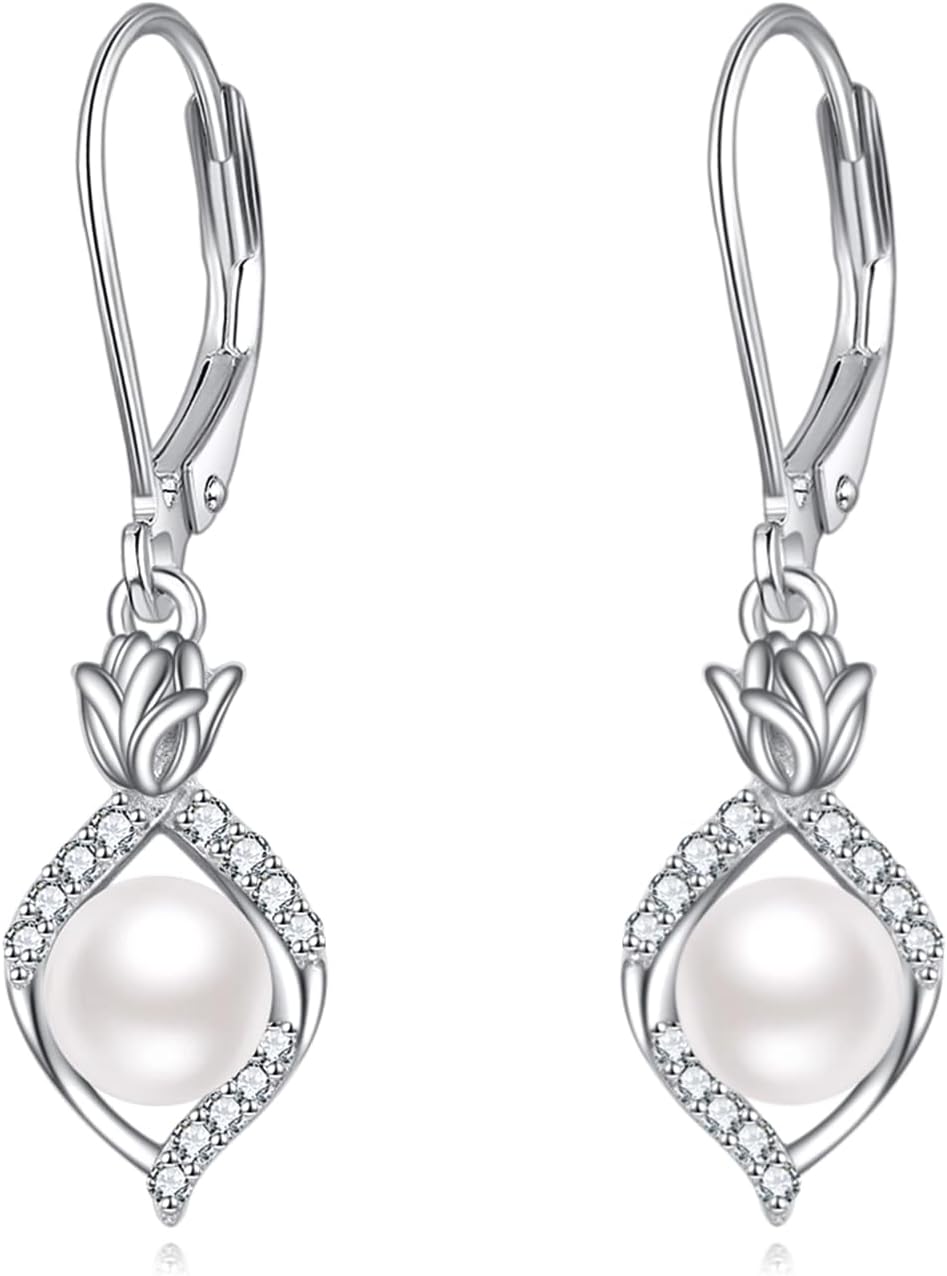 POPLYKE Rose Pearl Earrings 925 Sterling Silver Pearl Drop Dangle Leverback Earrings For Women Wedding Bridesmaids Anniversary