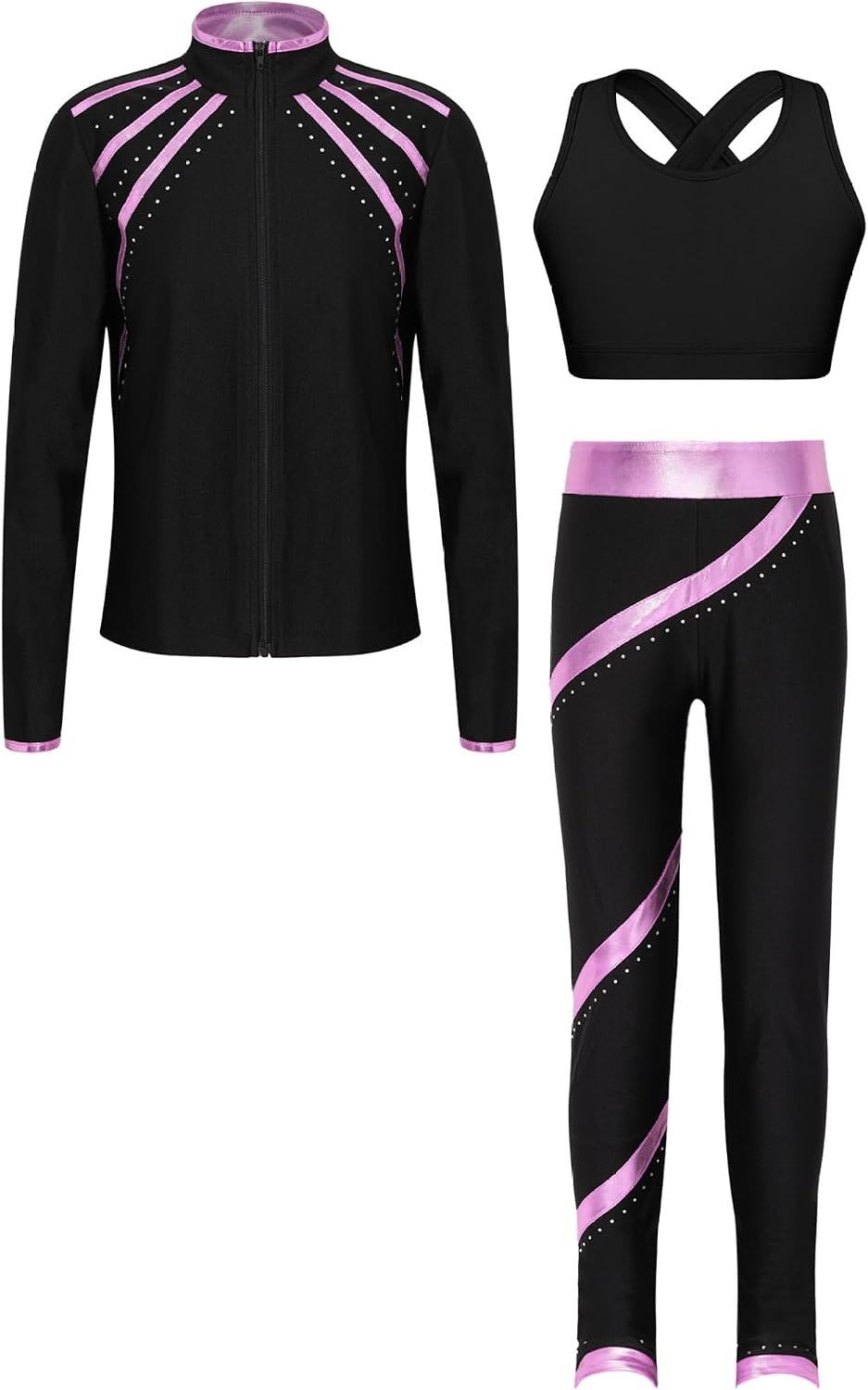 Kids Girls 3Pcs Skating Gymnastics Performance Sportsuit Sleeveless Crop Top Zipper Jacket and Leggings Set