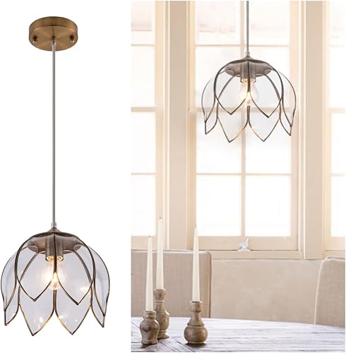 Lámpara colgante de latón con diseño de loto vintage, de cristal, ajustable, para cocina, isla, comedor, dormitorio, sala de estar, transparente