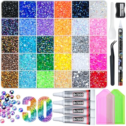 40000 Pcs Resin Jelly Rhinestones Kit, 30 Colors 4mm Flatback Rhinestones with 4 Pcs B7000 Jewelry Glue & Tools, All-in-One Bedazzling Kit for DIY Arts & Crafts Gifts