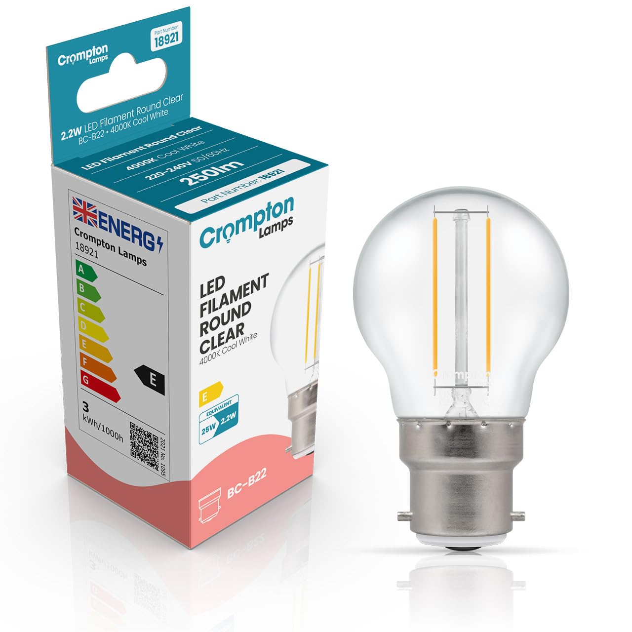 Crompton Lamps Filament Golfball LED Light Bulb BC-B22d | 2.2W = 25W Equivalent | Cool White 4000K | Energy Efficient | Bayonet Lightbulb | Long Life 15,000-Hrs | Clear Glass