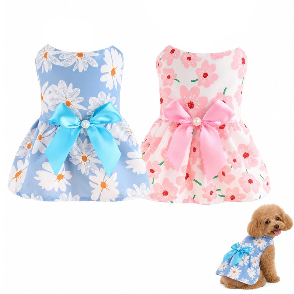 2Pcs Floral Dog Dress with Cute Bowknot for Small Pets, Pet Bowknot DresAses，L