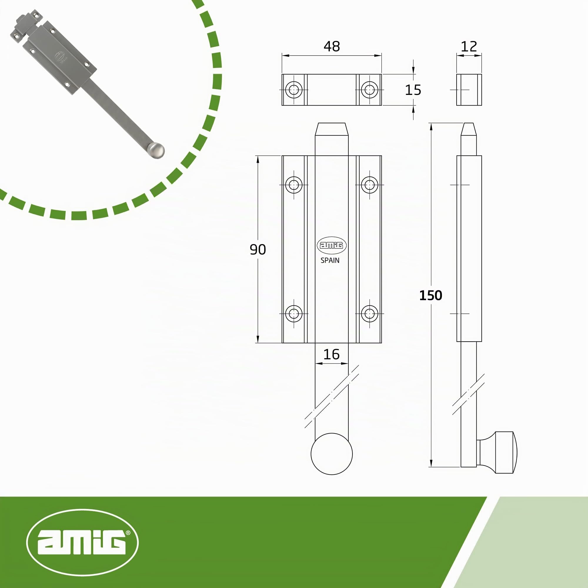 Amig - Pasador de Sobreponer para Puertas Mod.3700 - Pestillo de Seguridad Plateado para Colocar Horizontal o Vertical - De Latón Acabado en Cromado Mate - Medidas: 150 x 48 mm - Incluye Tornillos