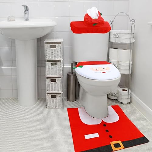 Miniatura 4 de Juego de fundas de asiento de inodoro de Navidad, lindo Papá Noel, muñeco de nieve, alce, elfo de Navidad, funda de inodoro + caja de papel para
