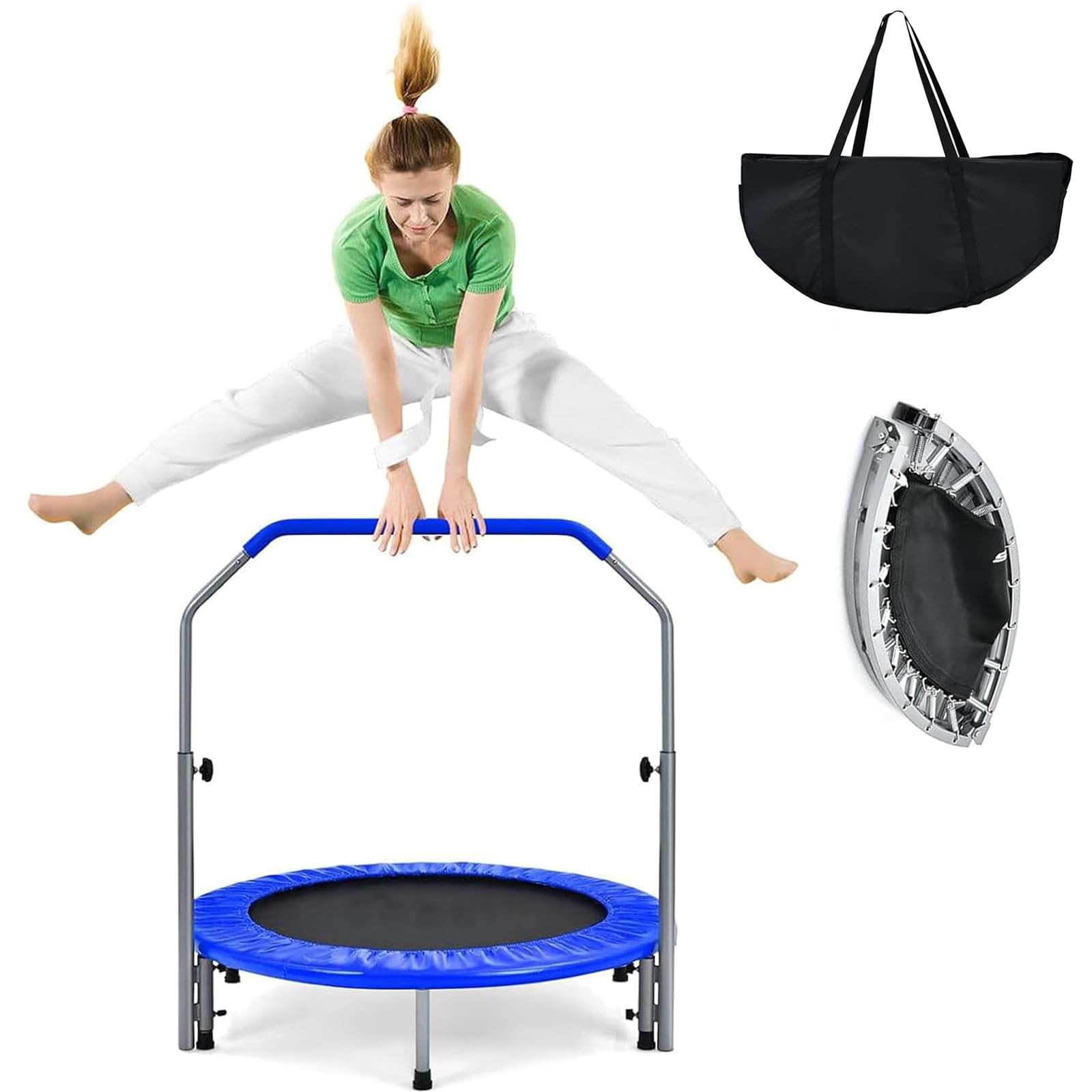 COSTWAY Φ101 cm Cama Elastica Niños Exterior, Trampolin Fitness Adultos Plegable con Mango Ajustable de 4 Niveles, Capacidad de 150 kg, Cama Elastica con Bolsa de Transporte para Interior y Exterior