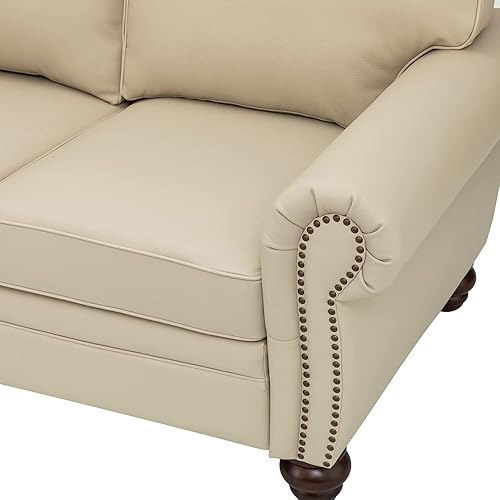Miniatura 9 de HULALA Home Sofá de cuero genuino de 81 pulgadas con ribete de clavos y reposabrazos enrollados, moderno de mediados de siglo, sofá de 3 plazas,