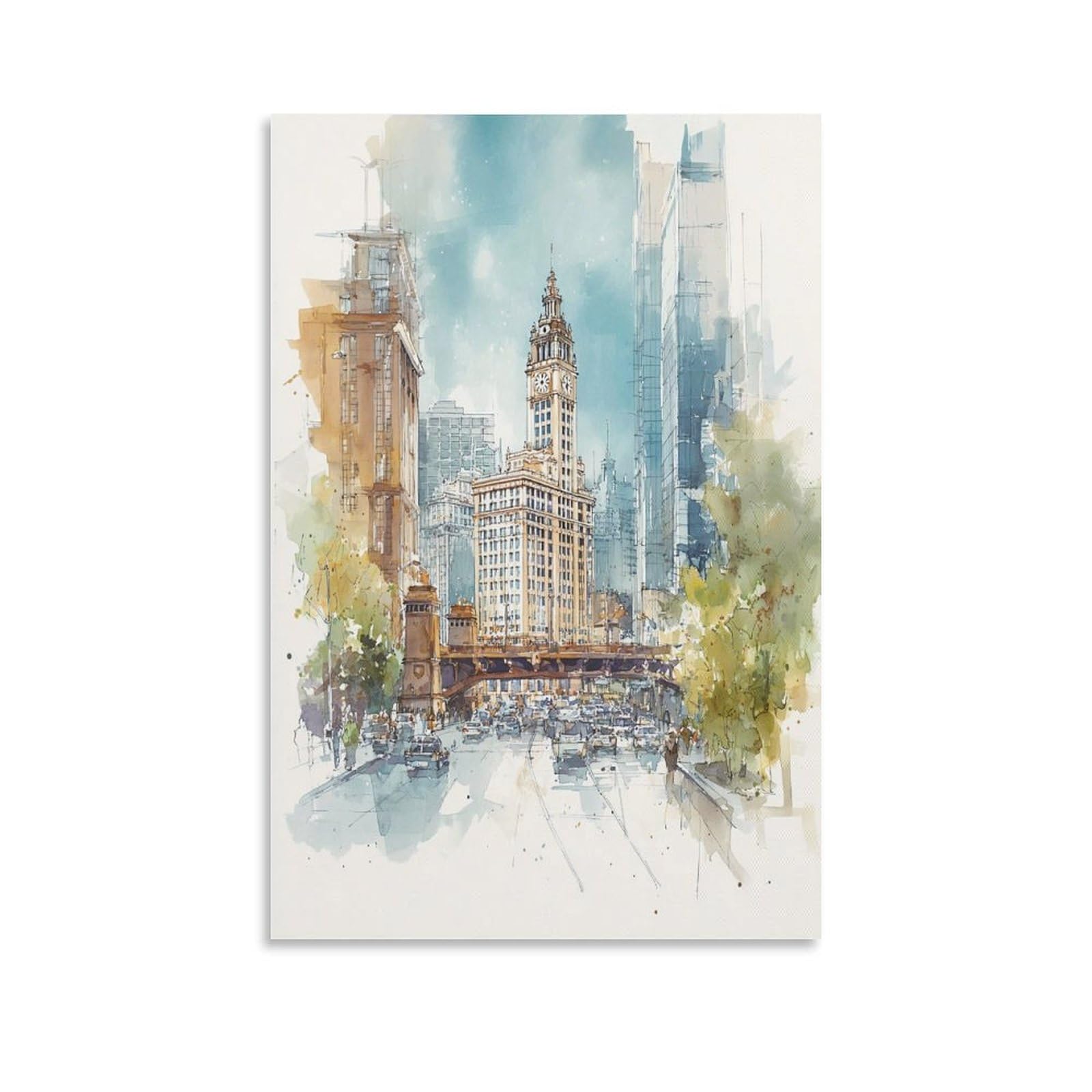 XWYMXZ Chicago Watercolor Print Vintage Illinois Travel Poster 24x36inch(60x90cm) Vintage Watercolor Canvas Art