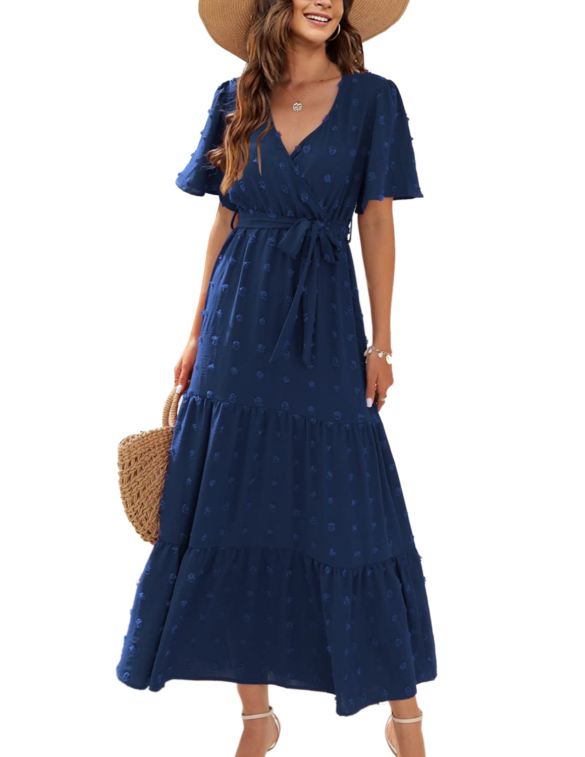 QUNERY Vestido Largo Mujer Verano Cuello en V Vestido Casual Elegante Vestidos Maxi Verano Playa con Cinturón