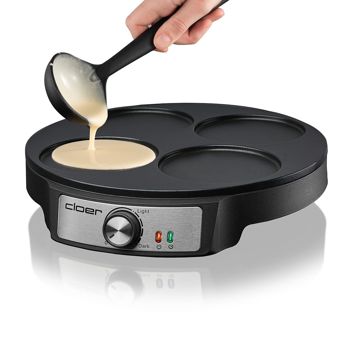 Cloer 6625 Pancake Maker, Mini Pancakes, pour 4 petites pancakes de d'un diamètre de 11 cm, 1200 W, revêtement antiadhésif, comprend un tourne-pancake, noir