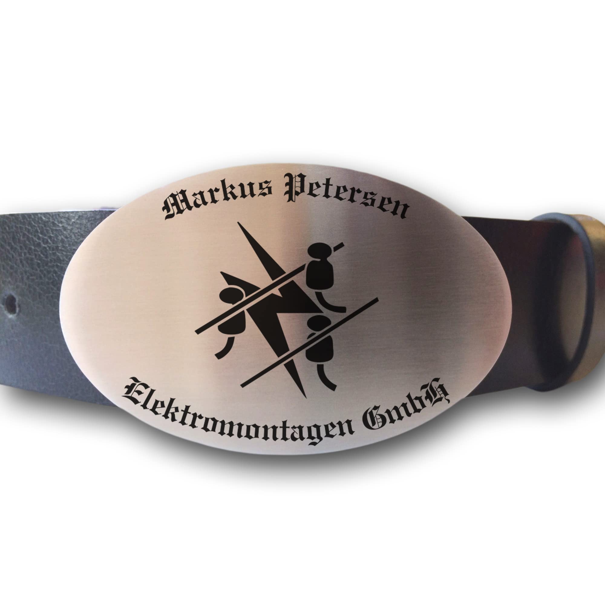 Ledergürtel mit ovaler Gürtelschnalle Zunftsymbol Elektriker und Wunschgravur personalisiert Dein Text Name Firmenname Geschenkbox Workwear