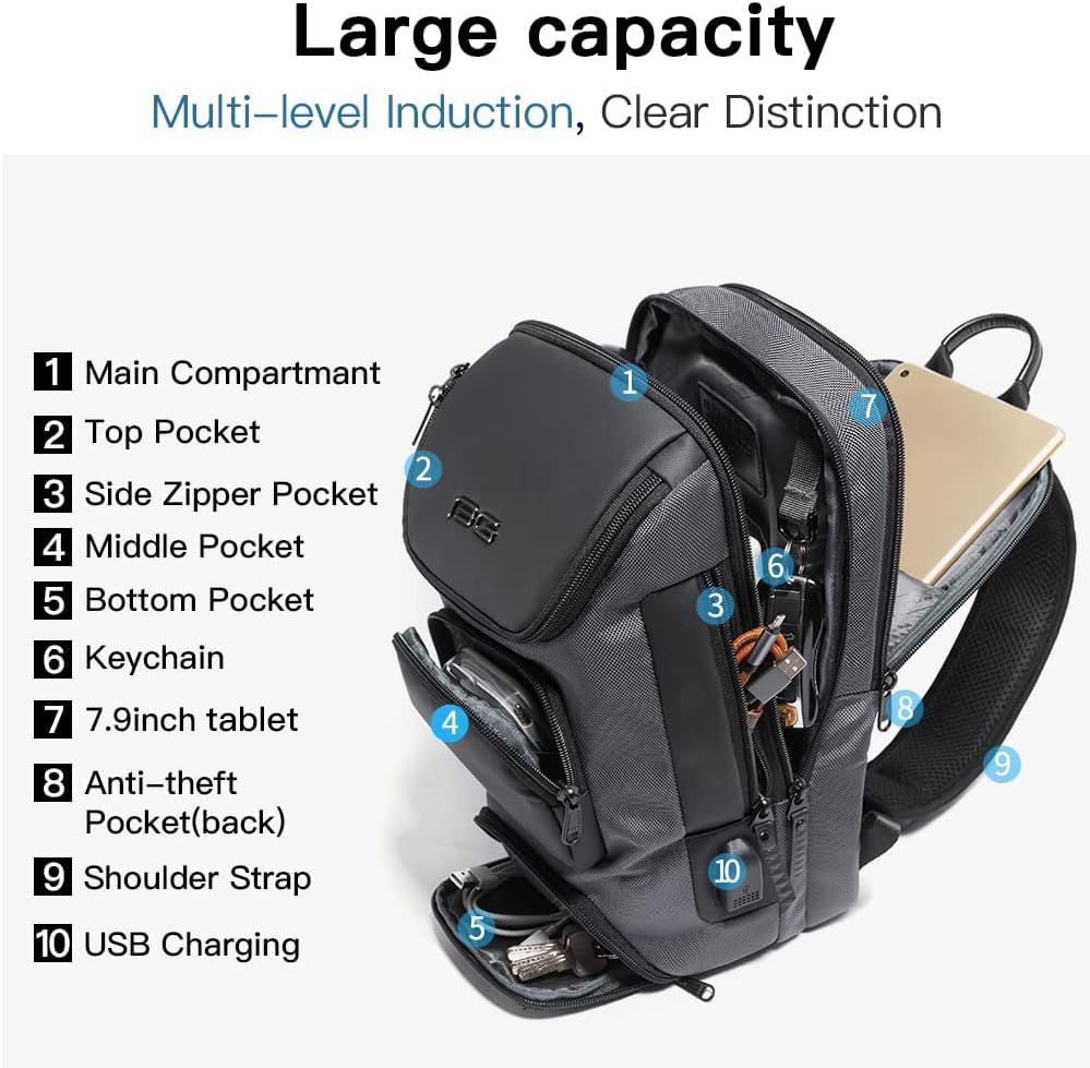 Image of BANGE USB Charging Sling Bag, Waterproof Crossbody Backpack, Portable Shoulder Bag Daypack for Men Women Travel Hiking Work