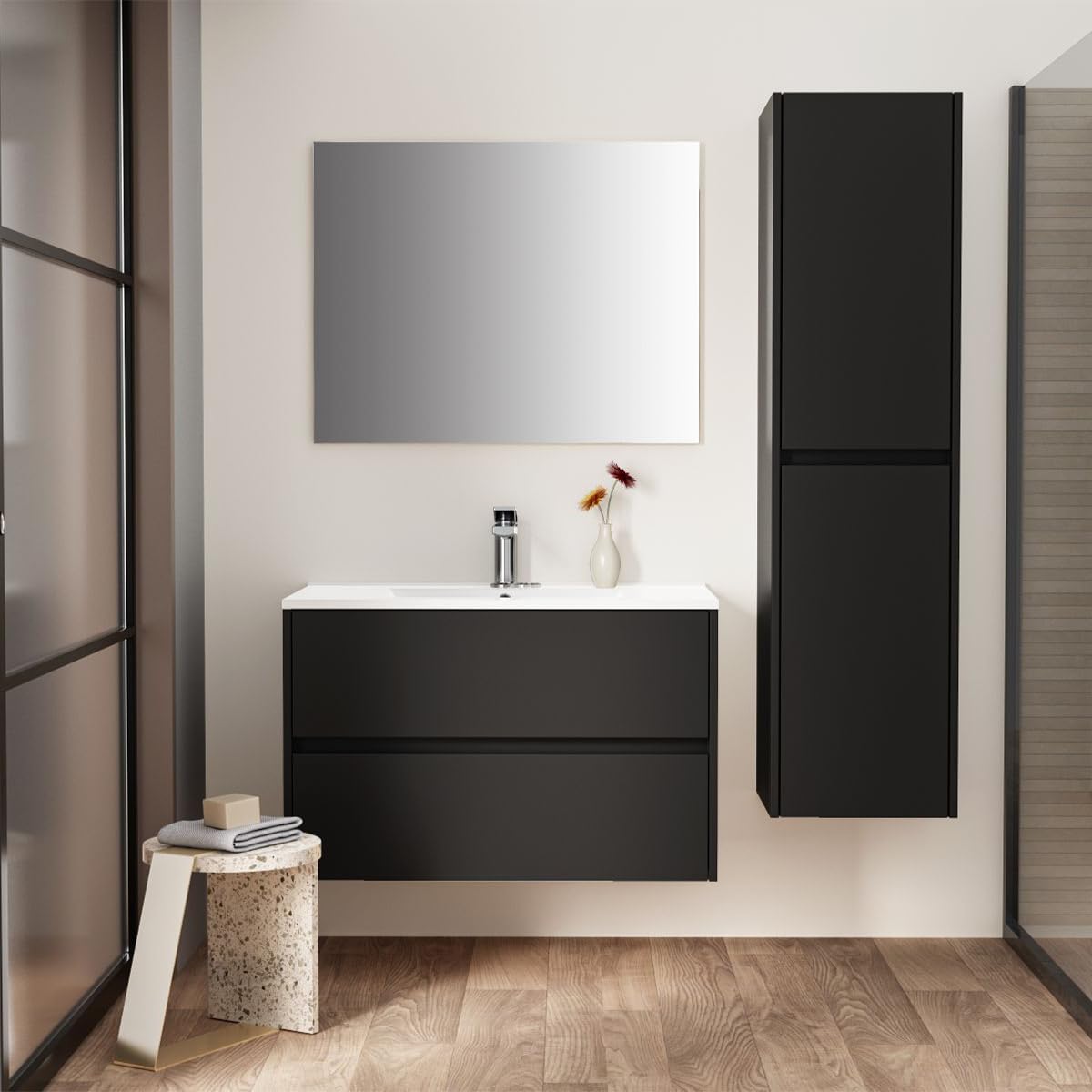 Belvit Drava Waschbeckenunterschrank 80 cm, Waschtischunterschrank hängend, Badmöbel grifflos mit 2 Softclose-Schubladen, Siphonausschnitt, MDF, passend zur Serie, Mattschwarz