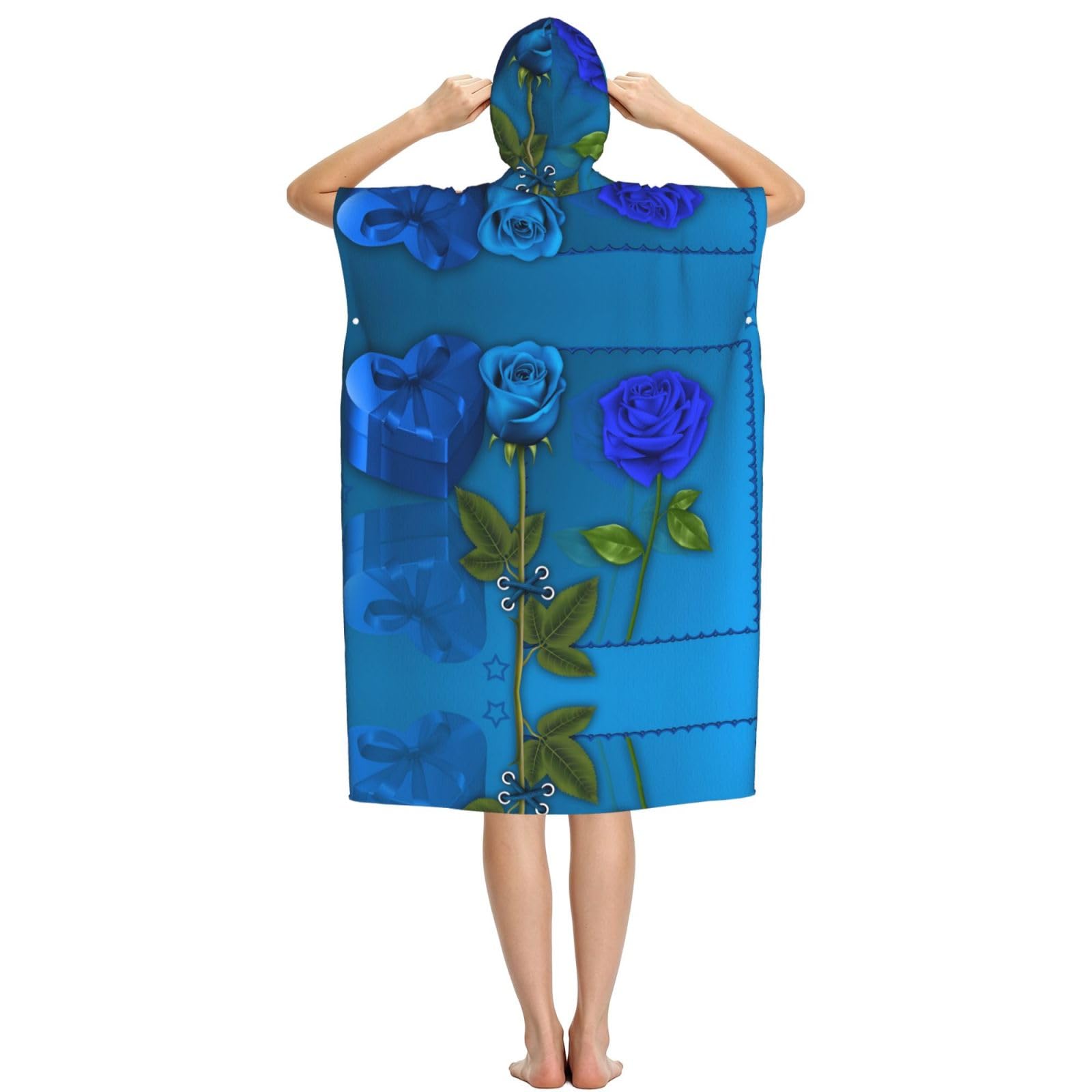 Strandtuch mit Kapuze und Rosenmotiv, Poncho für Erwachsene, Mikrofaser, Umkleidemantel, Bademantel, Sommer, Strandtuch