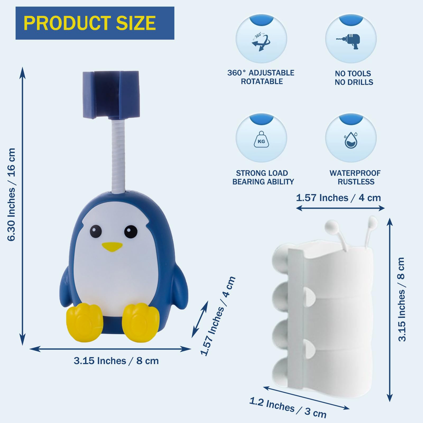 MIUPOO 360 Degree Adjustable Rotatable Handheld Shower Head Holder,Removable No Punching Penguin Shower Head Bracket Wall Mount Universal,Silicone Suction Cup Shower Head Holder,2 Pack - Image 2