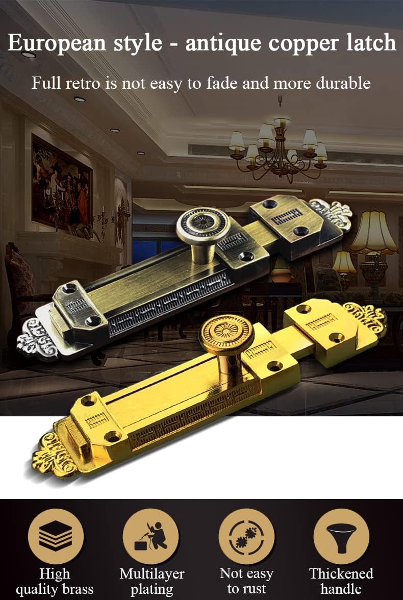Door Lock,Gate Bolt Stainless,Slide Bolt,Solid Cast Stainless Steel Bolt Latch, European Style Antique Brass Door Slide Latch Lock, Heavy Duty Door Sliding Bolt Latch