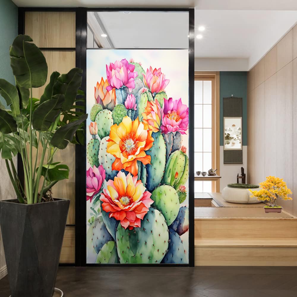 Colorful Cactus Flowers Window Privacy Film Floral Botanical Vintage Stained Glass Window Film Sun Blocking Heat Control Decorative Window Covering Film for Home Office 17.7Wx23.6L