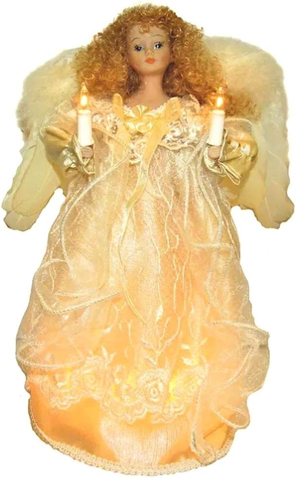 Kurt S. Adler Kurt Adler UL 10-Light Angel Christmas Treetop Figurine with Fabric Hair, 12-Inch, Ivory Tree Topper
