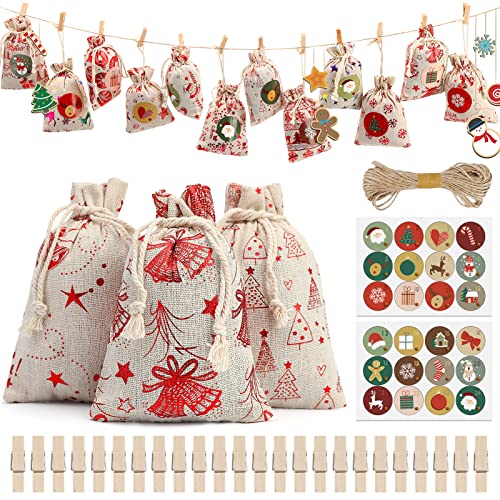 AMNF 24Pcs Calendrier de l'Avent à Remplir Soi-Même, Toile de Jute Sac de Cadeau, Pochettes pour Noël, Motif Sachet Pochette avec 24 Clip+ 10m Ficelle anti-poussière pour Noël Cover