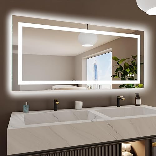 KRISTALLUM Espejo de baño frontal y retroiluminado con luces, espejo de 60 x 28 pulgadas con interruptor inalámbrico +