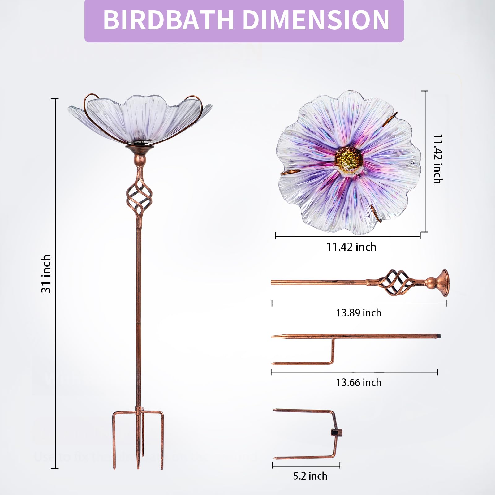 MUMTOP Comedero para pájaros de cristal de 78 cm de altura con estaca de metal, jardín, patio, exterior, color morado