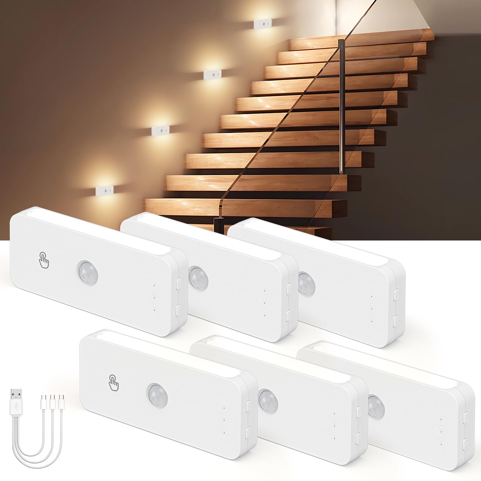 Luz nocturna con detector de movimiento, inalámbrica, recargable, luces LED para escaleras, detector de movimiento interior, luz nocturna para niños y 3 modos de temperatura de color para