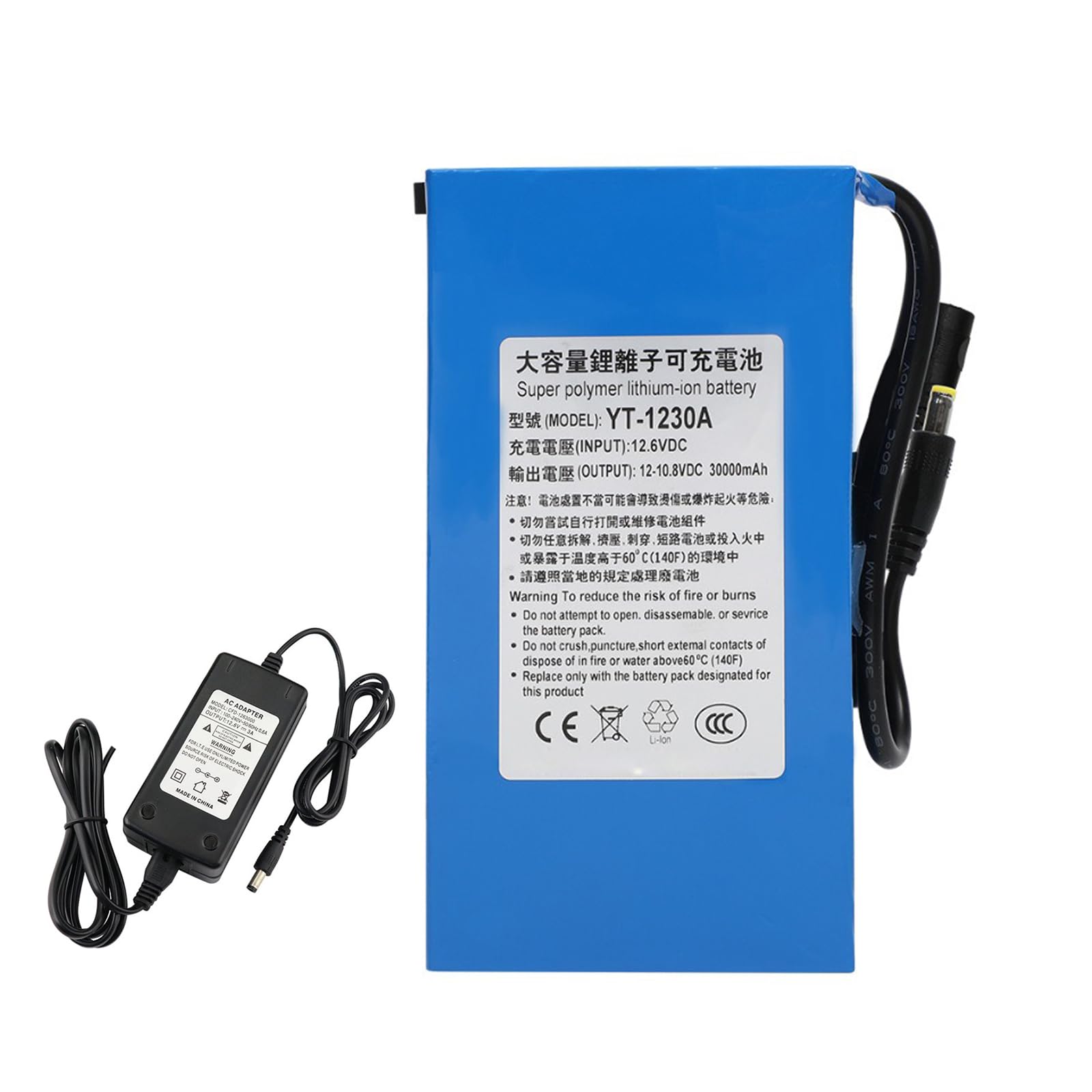 Batería Iones Litio Recargable 12V 30Ah batería de polímero de Litio portátil de 30 000 mAh para Equipos electrónicos de 12 V con Cargador,No Light 12v30000mah