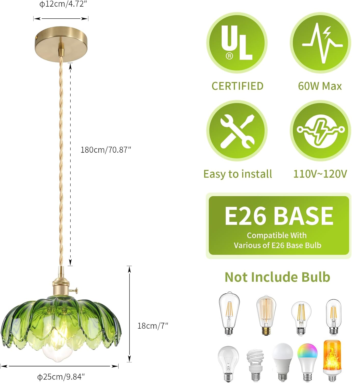 Vintage Pendant Light Green Mid Century Modern Pendant Light with Hand Blown Glass Shade Nordic Style 10" Gold1-Light Farmhouse Chandelier Ceiling Hanging Light fixtures for Dining Room Bedroom