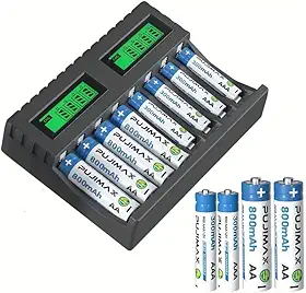 (Preto) Carregador de bateria inteligente LCD com 8 compartimentos, para pilhas AA AAA Ni-MH/Li-ion